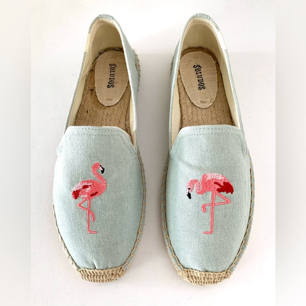 Soludos chambray espadrille with pink flamingos.